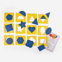 Load image into Gallery viewer, Display of wooden puzzle. Different shapes, blue insets in yellow stencils.