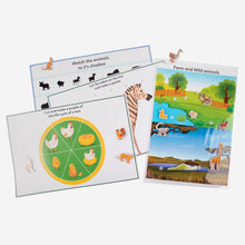 Load image into Gallery viewer, Wild and Farm animal charts on display along with other activity sheets and animal cut out stcikers.