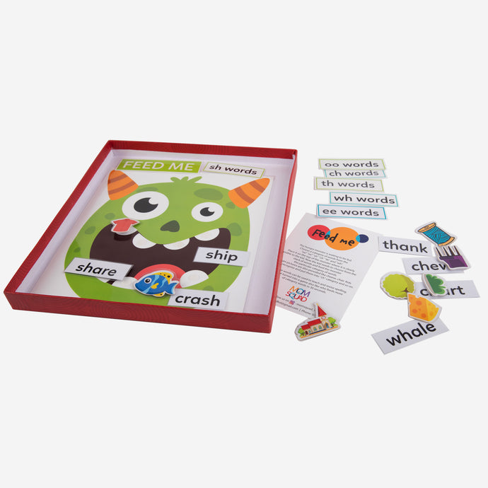 Green monsters, words, objects, phonics, box