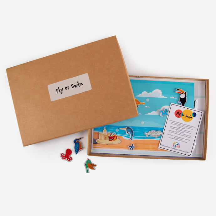 activity chart, beach with sticker of various animals, in a box