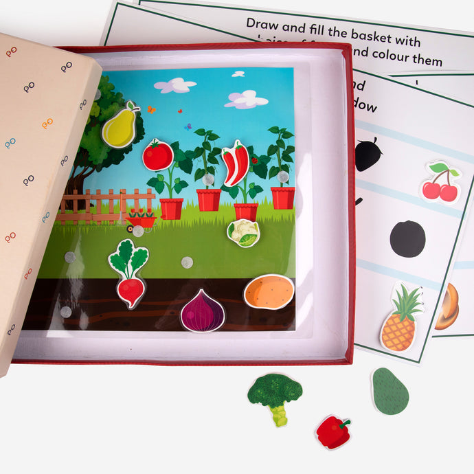 fruits and vegetables cut out stickers, activity charts and garden chart in a box