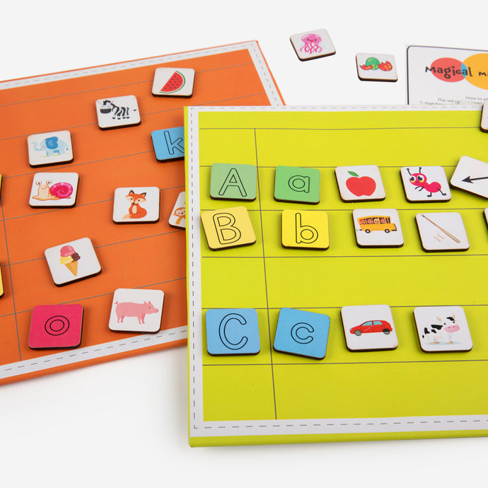 Magnetic board with tiles upper case and lower case letters and pictures